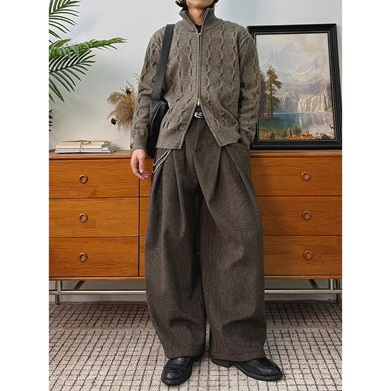 Muške hlače s A-linijom i plisom, vunene, oversize, širokih nogavica, jesensko-zimski