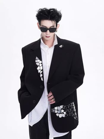 Férfi laza szabású öltönyzakó, gallér, kétgombos, egysoros zárás, Odell anyagú szövet klórtartalmú rostokkal, négy évszakos casual öltöny.