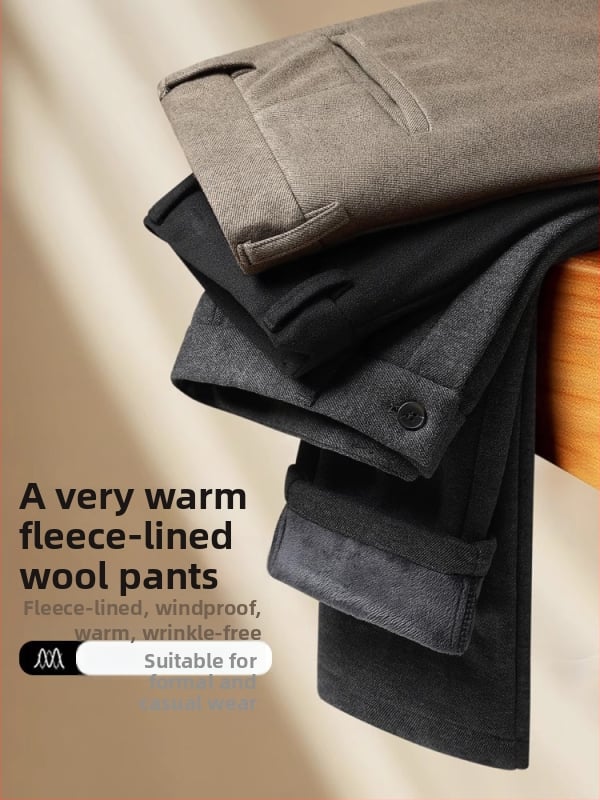 Muške hlače za odijelo, ravni kroj, podstava od flisa vune, mikroelastične, bez glačanja, 85% poliester, zimi