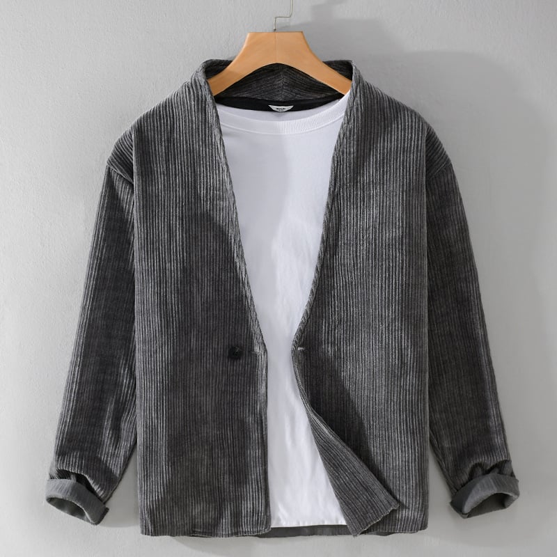 Muško casual sako s stand ovratnikom, opuštena crte kroja, jednorazno kopčanje na jedno dugme, retro stil, tkanina od mješavine kemijskih vlakana