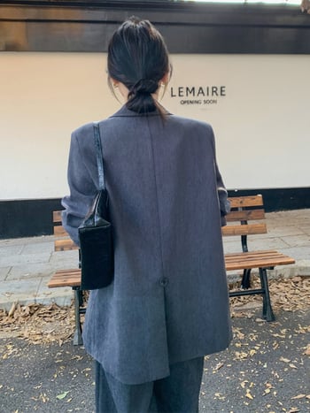 Női két darabból álló öltöny készlet, kettős gombolású zakó, zakó gallér, poliészter anyag, laza szabású, egyenes szárú nadrág