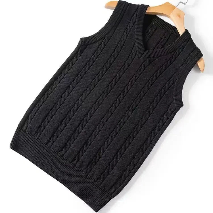 Ανδρικό πλεκτό γιλέκο χωρίς μανίκια, με κουκούλα, V-λαιμό, ριγέ μοτίβο, παχύ ύφασμα