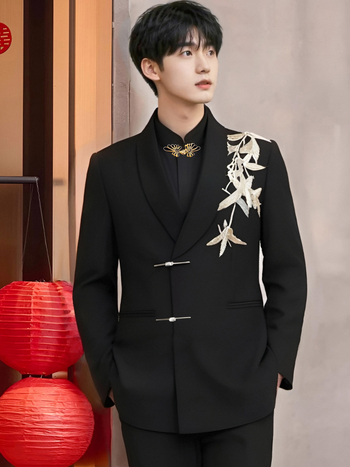 Costum bărbătesc Zhongshan, stil Chinezesc, croială Slim Fit, guler shawl, închidere cu două nasturi, model floral cu flocking, pentru toate anotimpurile