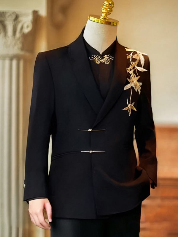 Costum bărbătesc Zhongshan, stil Chinezesc, croială Slim Fit, guler shawl, închidere cu două nasturi, model floral cu flocking, pentru toate anotimpurile