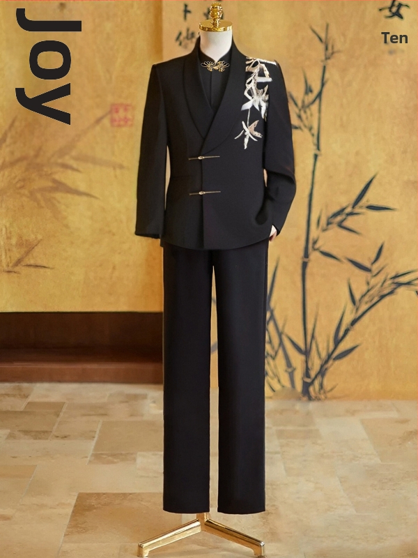 Costum bărbătesc Zhongshan, stil Chinezesc, croială Slim Fit, guler shawl, închidere cu două nasturi, model floral cu flocking, pentru toate anotimpurile