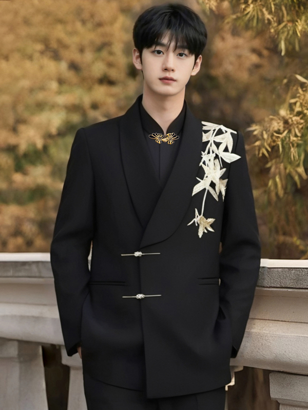 Costum bărbătesc Zhongshan, stil Chinezesc, croială Slim Fit, guler shawl, închidere cu două nasturi, model floral cu flocking, pentru toate anotimpurile