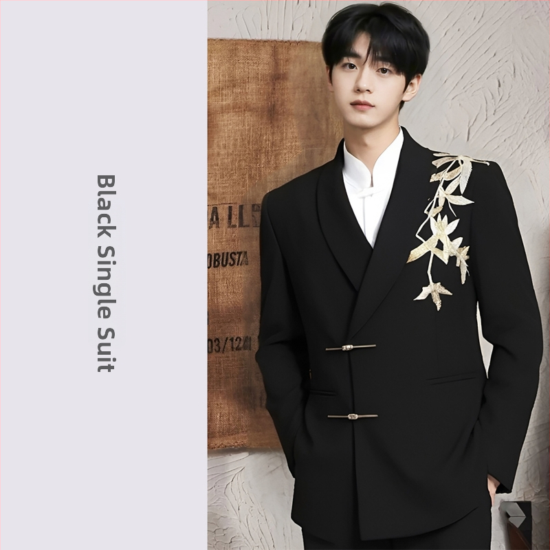 Costum bărbătesc Zhongshan, stil Chinezesc, croială Slim Fit, guler shawl, închidere cu două nasturi, model floral cu flocking, pentru toate anotimpurile