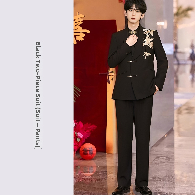 Costum bărbătesc Zhongshan, stil Chinezesc, croială Slim Fit, guler shawl, închidere cu două nasturi, model floral cu flocking, pentru toate anotimpurile