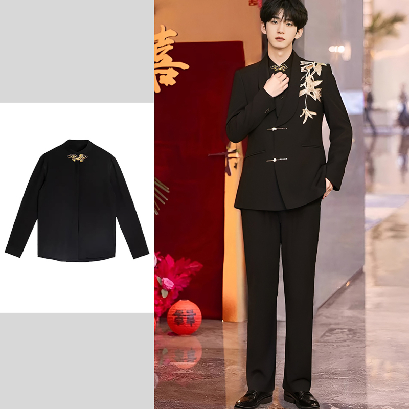 Costum bărbătesc Zhongshan, stil Chinezesc, croială Slim Fit, guler shawl, închidere cu două nasturi, model floral cu flocking, pentru toate anotimpurile