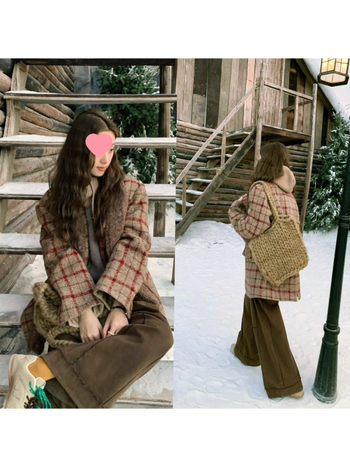 Palto od vunenog stila s kariranim uzorkom, ploski ovratnik, rukavi u stilu princeze, jednodjelna kopča, proljeće 2025.