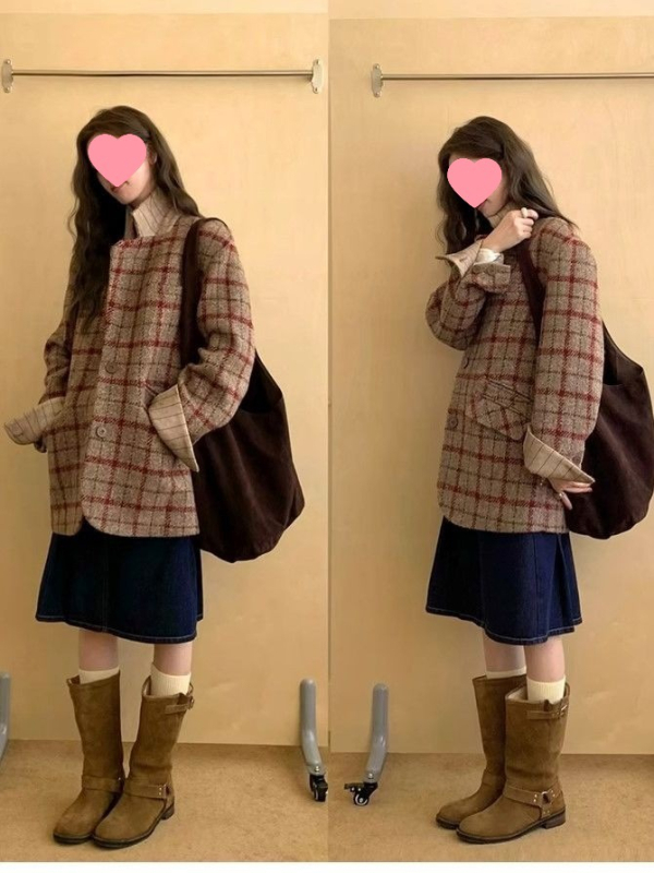 Palto od vunenog stila s kariranim uzorkom, ploski ovratnik, rukavi u stilu princeze, jednodjelna kopča, proljeće 2025.