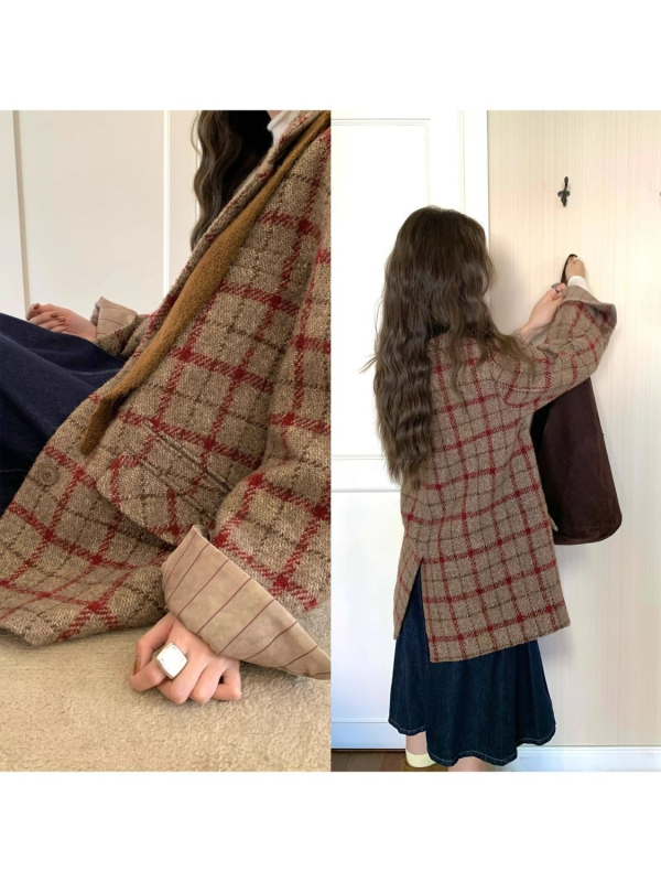 Palto od vunenog stila s kariranim uzorkom, ploski ovratnik, rukavi u stilu princeze, jednodjelna kopča, proljeće 2025.