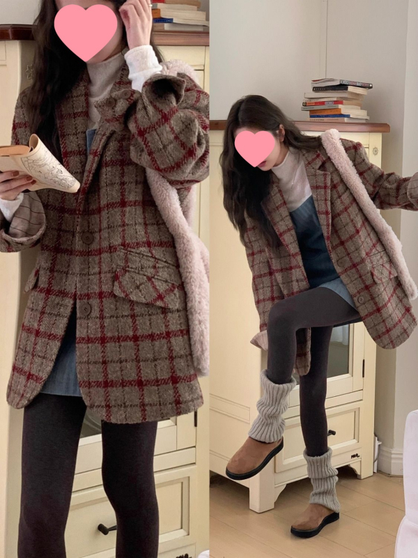 Palto od vunenog stila s kariranim uzorkom, ploski ovratnik, rukavi u stilu princeze, jednodjelna kopča, proljeće 2025.