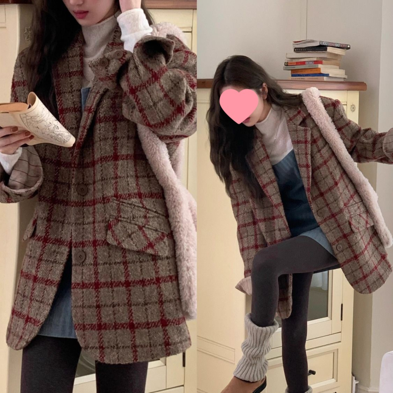 Palto od vunenog stila s kariranim uzorkom, ploski ovratnik, rukavi u stilu princeze, jednodjelna kopča, proljeće 2025.