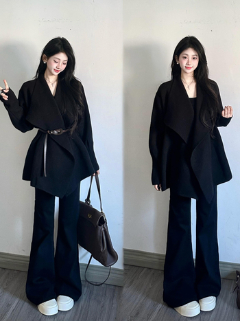 Ženski casual kostim set: sako s reverom i široke hlače, dugi rukav, poliester-elastan smjesa