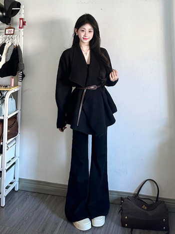 Ženski casual kostim set: sako s reverom i široke hlače, dugi rukav, poliester-elastan smjesa