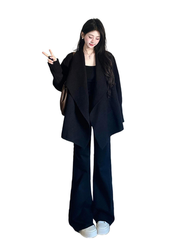 Ženski casual kostim set: sako s reverom i široke hlače, dugi rukav, poliester-elastan smjesa