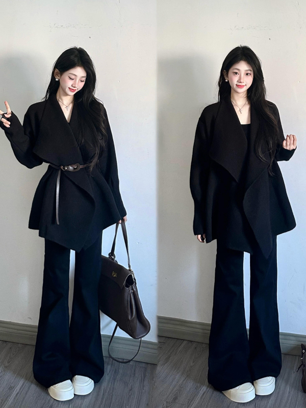 Ženski casual kostim set: sako s reverom i široke hlače, dugi rukav, poliester-elastan smjesa