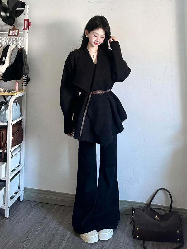 Ženski casual kostim set: sako s reverom i široke hlače, dugi rukav, poliester-elastan smjesa