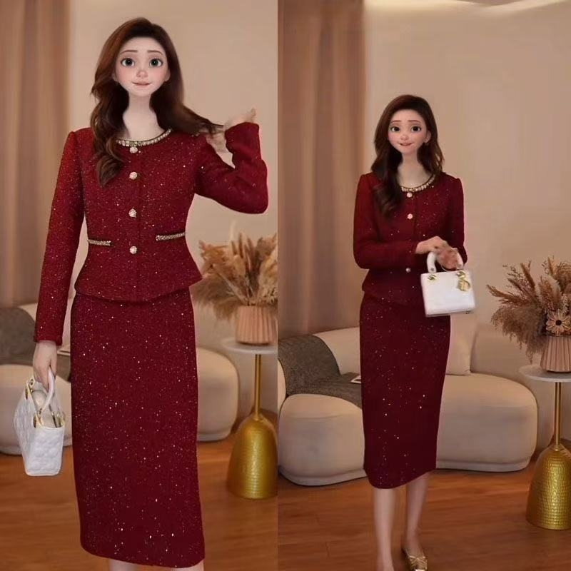 Kostim s suknjom u prugastom uzorku, poliester, stil društvene dame, suknja srednje duljine