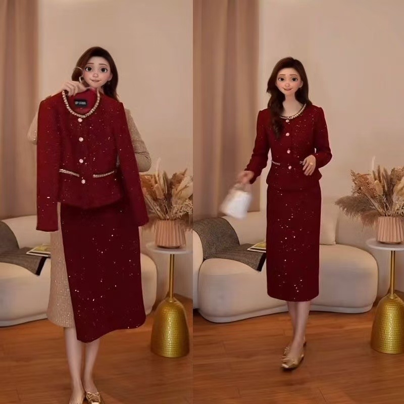 Kostim s suknjom u prugastom uzorku, poliester, stil društvene dame, suknja srednje duljine