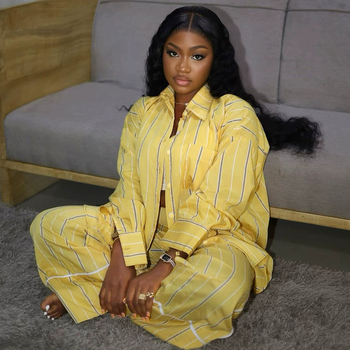 Ženski dvodjelni set: prugasta košulja i hlače, poliester, dugi rukavi, proljeće 2025