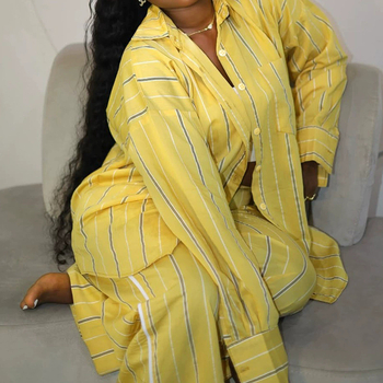 Ženski dvodjelni set: prugasta košulja i hlače, poliester, dugi rukavi, proljeće 2025