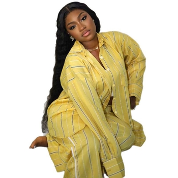 Ženski dvodjelni set: prugasta košulja i hlače, poliester, dugi rukavi, proljeće 2025