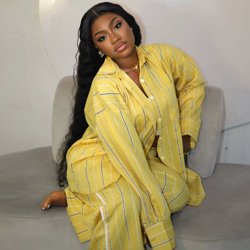 Ženski dvodjelni set: prugasta košulja i hlače, poliester, dugi rukavi, proljeće 2025