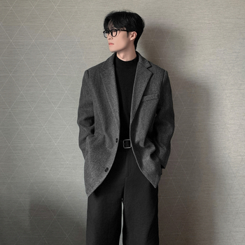 Muški vuneni kaput, korejskog stila, uska silueta, ovratnik sakou, kopčanje na jedan red, jednobojan
