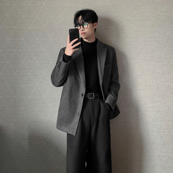 Muški vuneni kaput, korejskog stila, uska silueta, ovratnik sakou, kopčanje na jedan red, jednobojan