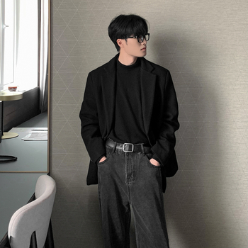 Muški vuneni kaput, korejskog stila, uska silueta, ovratnik sakou, kopčanje na jedan red, jednobojan