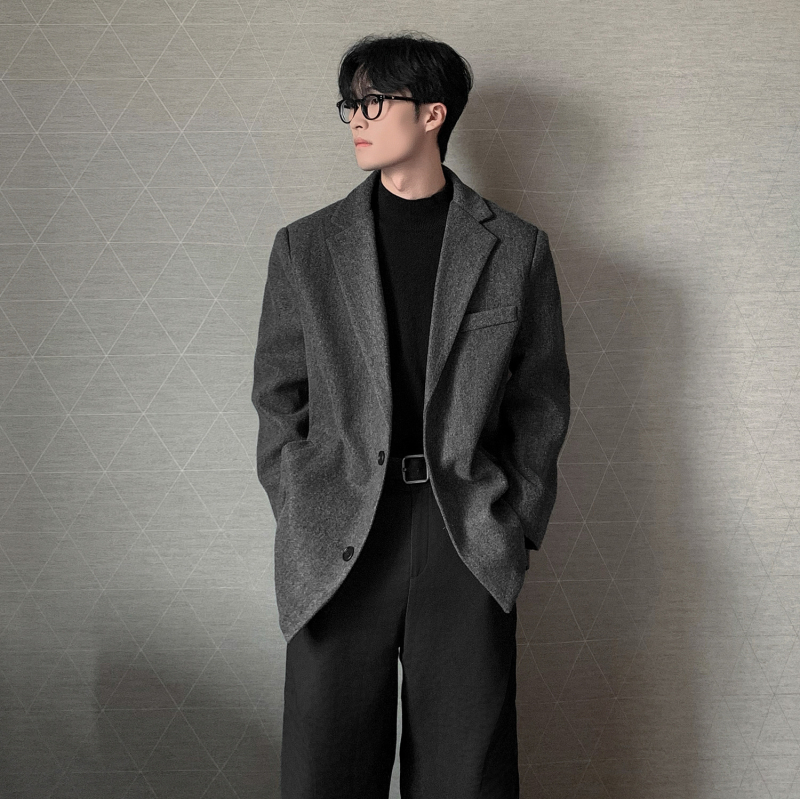 Muški vuneni kaput, korejskog stila, uska silueta, ovratnik sakou, kopčanje na jedan red, jednobojan