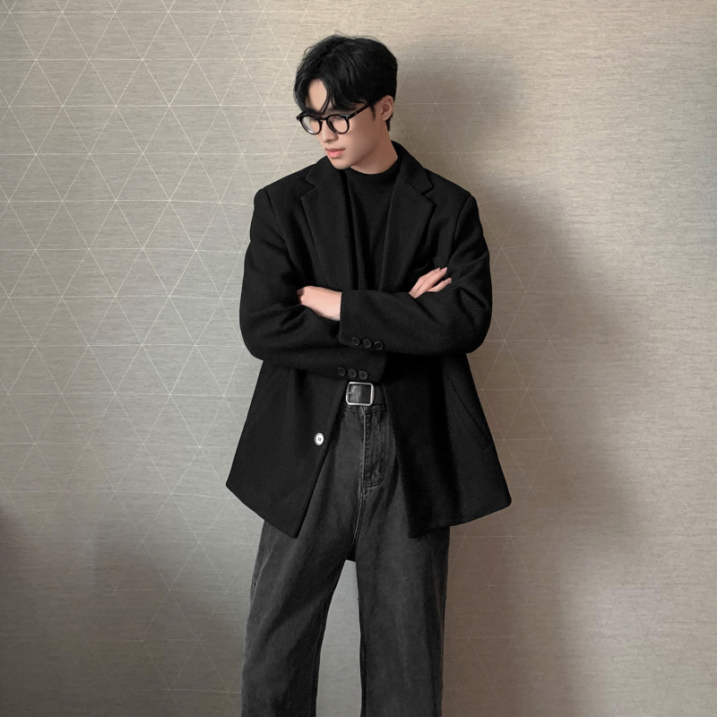 Muški vuneni kaput, korejskog stila, uska silueta, ovratnik sakou, kopčanje na jedan red, jednobojan