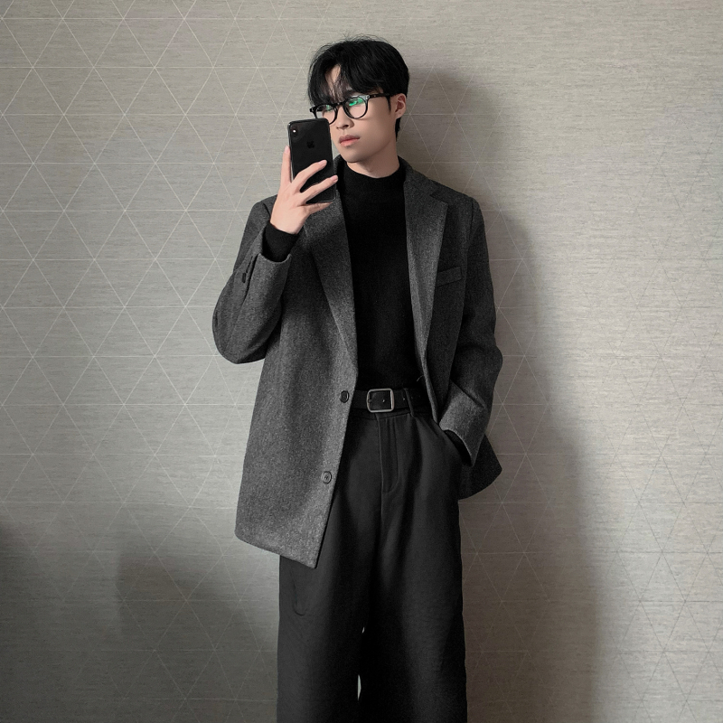 Muški vuneni kaput, korejskog stila, uska silueta, ovratnik sakou, kopčanje na jedan red, jednobojan