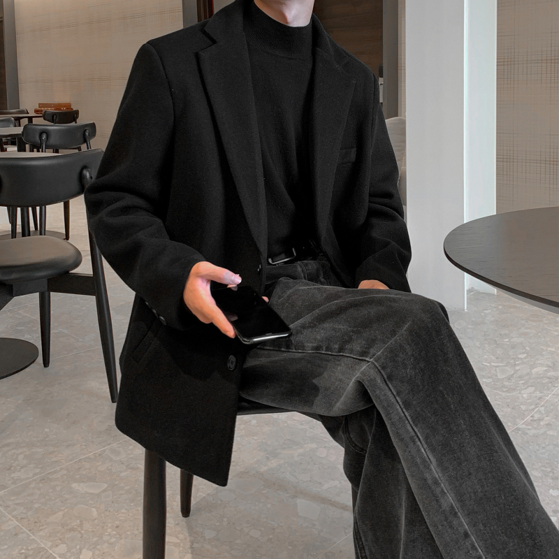 Muški vuneni kaput, korejskog stila, uska silueta, ovratnik sakou, kopčanje na jedan red, jednobojan