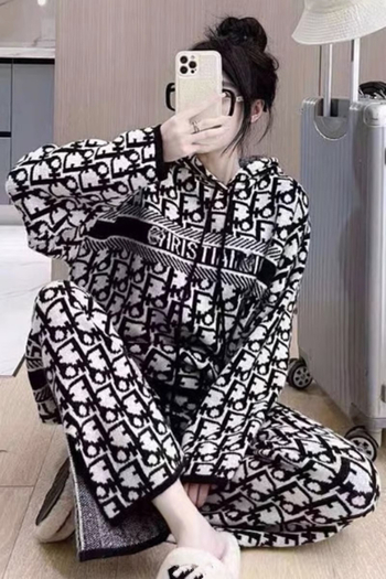 Ženski dvodijelni ležerni set s kapuljačom, geometrijskim izvezenim uzORKOM i širokim hlačama, poliester 95%+, proljeće 2023