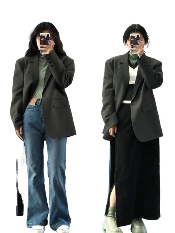 Ženski blejzer - labav kroj, polo ovratnik, dugi rukavi, jedno dugme, poliestersko-spandex smjesa