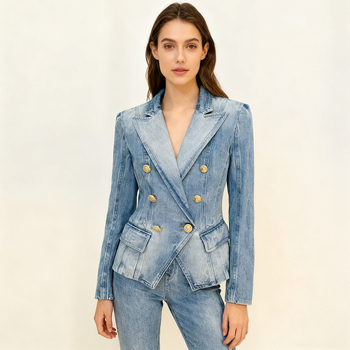 Denim stil blazer, slim fit, dvostruka red gumba, ovratnik od sakoa, tkanina pamuk-poliester