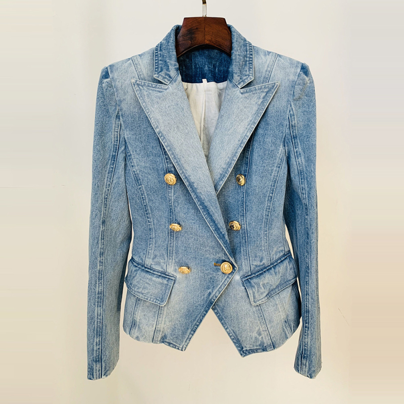 Denim stil blazer, slim fit, dvostruka red gumba, ovratnik od sakoa, tkanina pamuk-poliester
