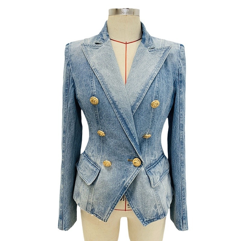 Denim stil blazer, slim fit, dvostruka red gumba, ovratnik od sakoa, tkanina pamuk-poliester