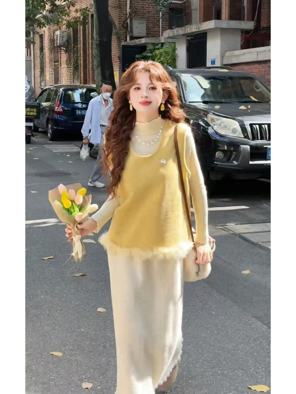 Set odijela s vestom i suknjom: majica s dugim rukavima, suknja visokog struka, poliester, proljeće 2026