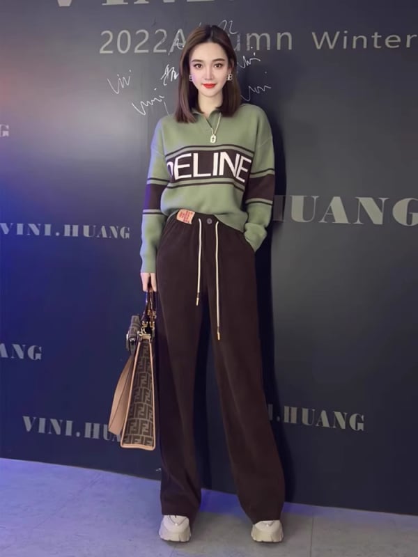 Ženski dvodijelni Chenille set – top s rukavom tipom princeze i široke hlače, stil Royal Sister Wind, Spandex <30%