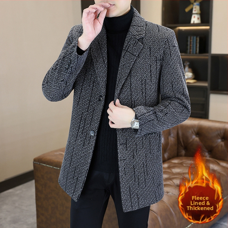 Muški vuneni kaput za jesen i zimu, srednje dužine, slim fit, ovratnik sakou, zatvarač, casual stil