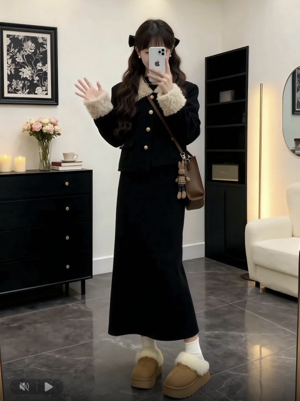 Ženski dvodijelni kostim s kardiganom, duža suknja, poliester 95%+