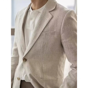 Muško laneno casual sako, prozračno ljetni komad, lagano, ravni ovratnik, zatvarač sprijeda, džepovi s patch