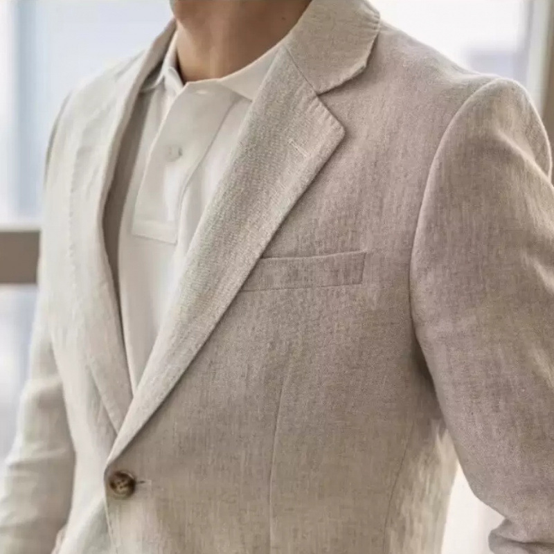 Muško laneno casual sako, prozračno ljetni komad, lagano, ravni ovratnik, zatvarač sprijeda, džepovi s patch