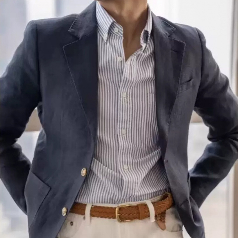 Muško laneno casual sako, prozračno ljetni komad, lagano, ravni ovratnik, zatvarač sprijeda, džepovi s patch