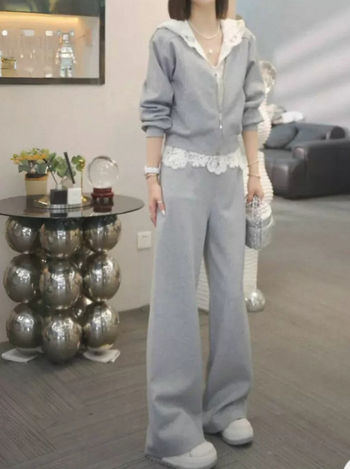 Ženski cvjetni čipkasti pleteni casual set, jesen 2025, pamuk-elastan smjesa, dugi rukavi, hlače