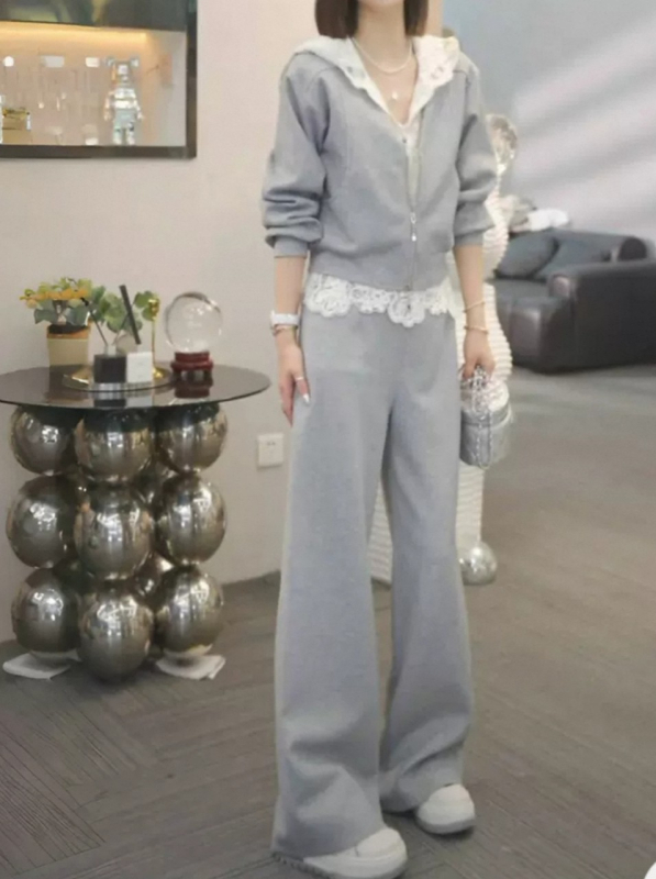 Ženski cvjetni čipkasti pleteni casual set, jesen 2025, pamuk-elastan smjesa, dugi rukavi, hlače